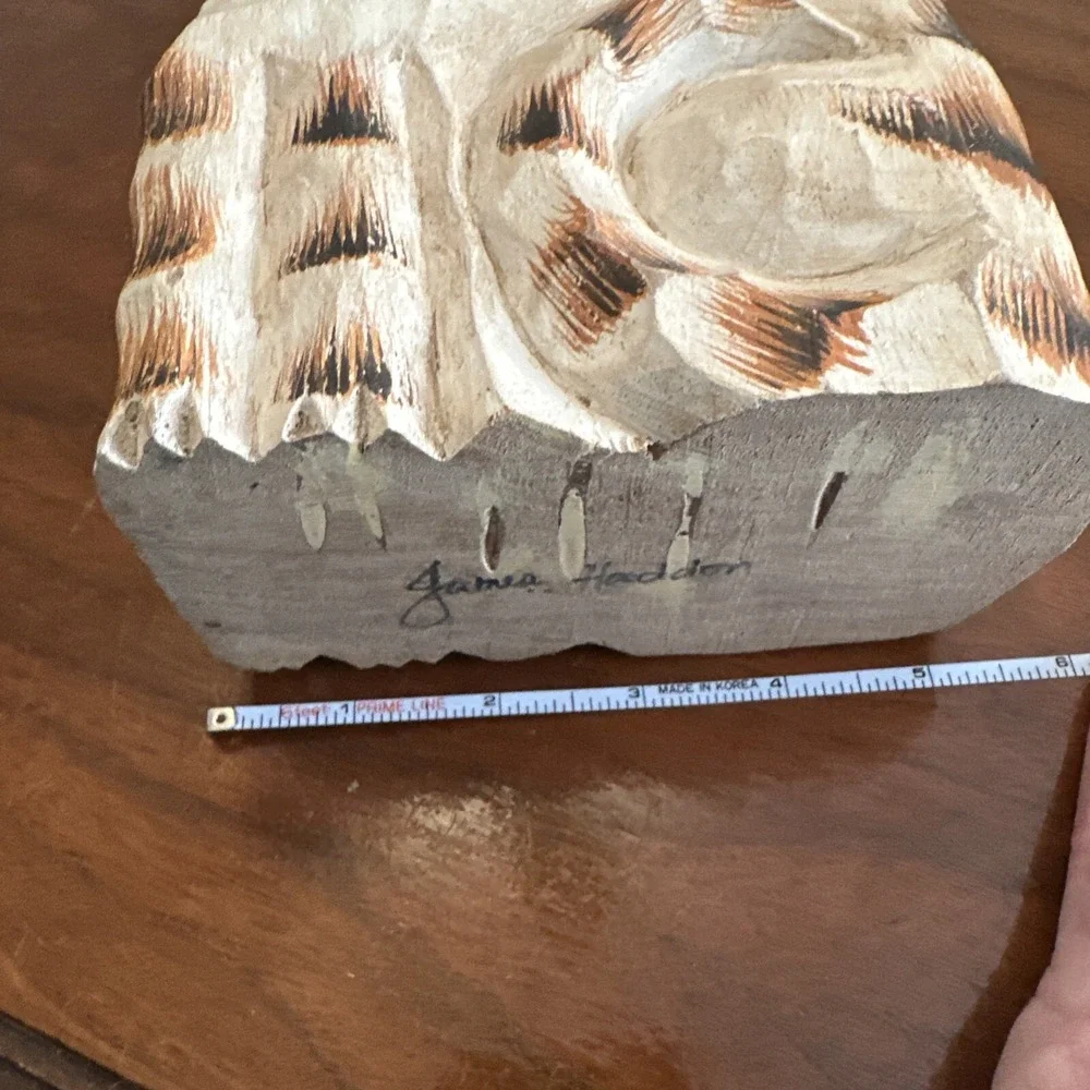James Haddon Folk Art Wood Carved Striped Cat Figurine Signed
